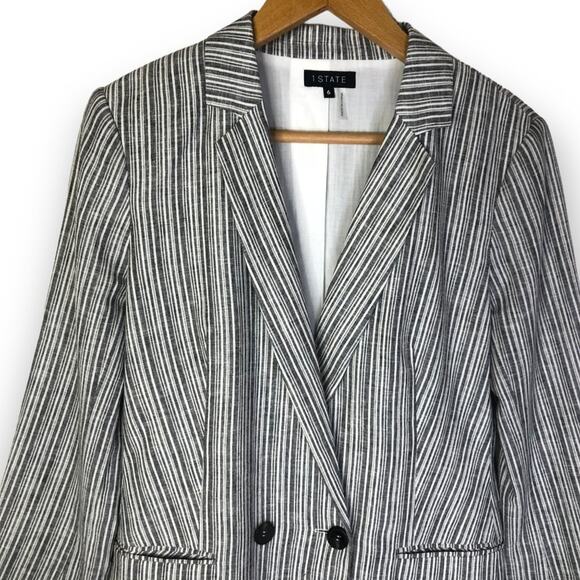 1. State Women's Striped Linen Blazer Jacket Size 6 White Grey Striped Office - Picture 4 of 12